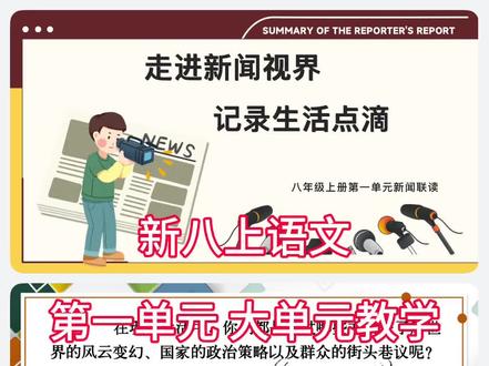 【大单元教学目标】
1.通过阅读七则新闻,了解新闻结构、六要素等新闻知识,辨析不同新闻体裁的异同。(重点)
2.结合不同类型、题材的新闻,概括各自的语言特色,体会新闻语言严谨、准确、生动的特点。(难点)
3.阅读新闻时,能借导语抓住最重要的新闻事实,提炼出作者的态度倾向。
4.具体对比、分析六则新闻的异同,整理并归纳消息、新闻特写、通讯、新闻评论在标题、结构、语言、表达方式上的特点,学以致用,为新闻采写奠基。(难点)
5.通过以“校园之声:“开学季——最美青春”为主题进行新闻采访、写作、展播,培养学生关注社会热点、细心体察生活的意识,让学生养成借阅读新闻知晓天下事、借写作新闻传播正能量的习惯。(难点)
#初中语文老师 #课件分享 #备课 #初中语文