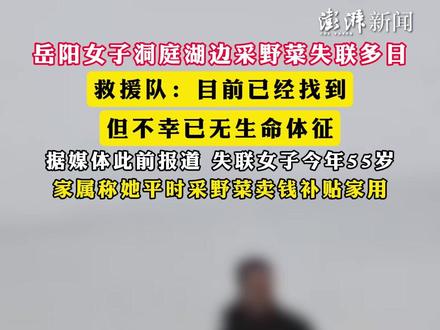 #岳阳女子洞庭湖边采野菜失联多日 ,救援队:目前已经找到,但不幸已无生命体征,据媒体此前报道 失联女子今年55岁,家属称她平时采野菜卖钱补贴家用