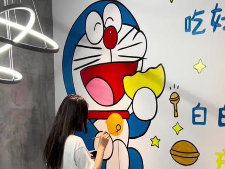 #墙体彩绘 #手绘壁画 #手绘墙 多啦a梦墙绘完成✅