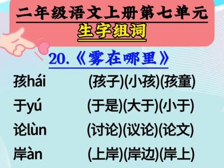 二年级语文上册第七单元《雾在哪里》生字组词#知识点总结 #二年级语文 #必考考点 #词语积累 #生字组词