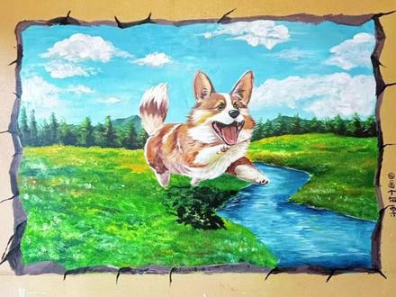 用一幅画交换一次人间烟火-萌犬奔跃 #交换美好 #墙绘 #画画 #柯基