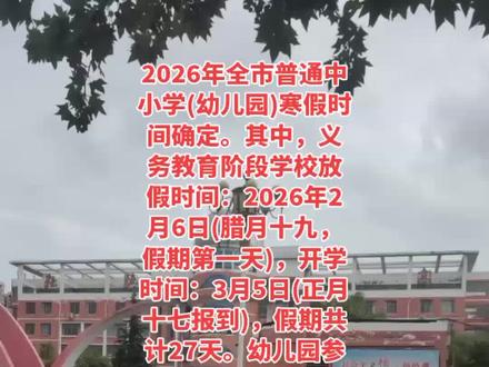 2026年全市普通中小学(幼儿园)寒假时间确定。其中,义务教育阶段学校放假时间:2026年2月6日(腊月十九,假期第一天),开学时间:3月5日(正月十七报到),假期共计27天。幼儿园参照执行。普通高中放假时间:2026年2月10日(腊月二十三,假期第一天),开学时间:3月4日(正月十六报到),共计22天。各县市区、各学校要按照规定的时间放假、开学,不得擅自提前或推后,确保全市中小学校(幼儿园)教育教学工作规范有序。来源/南阳市教育局、南阳日报