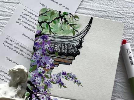 丙烯马克笔·屋檐下的紫藤花 #2026绘画开年挑战 #抖音年味艺术图鉴 #慕多星丙烯马克笔 #丙烯马克笔绘画 #跟着抖音学画画