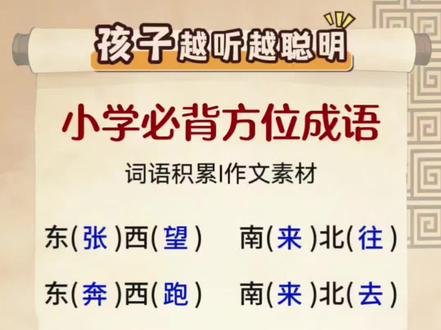 ✨趣味方位成语:孩子边玩边学,词汇量暴涨,家长收藏!#语文 #成语积累 #作文素材 #词语积累 #小学语文