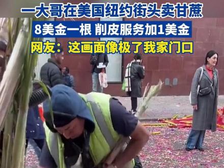 一大哥在美国纽约街头卖甘蔗,8美金一根,削皮服务加1美金,网友:这画面像极了我家门口