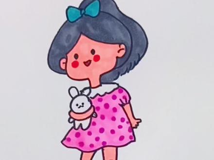 拿着兔子玩具的女孩#一起学画画 #育儿简笔画 #小白兔儿童画