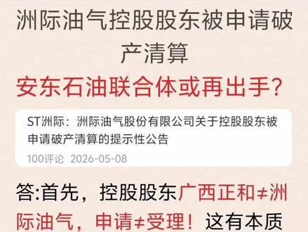洲际油气再迎噩耗! 控股股东广西正和被申请破产清算!
控股股东广西正和4.71%股权被司法拍卖!
洲际油气控制权或发生变动!
谁可能入主洲际油气取得控制权?
安东石油联合体2023年入资洲际油气,
目前持股8%是第二大股东!
这次月底拍卖安东石油联合体是否会再出手?
我们持续关注!
#洲际油气 #ST洲际 #ST板块 #真实生活分享计划 #股票干货