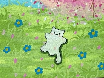 救命🆘!被这只在桃花里撒欢的小猫可爱到晕厥! #画画 #春天 #桃花 #简笔画 #初描丙烯马克笔