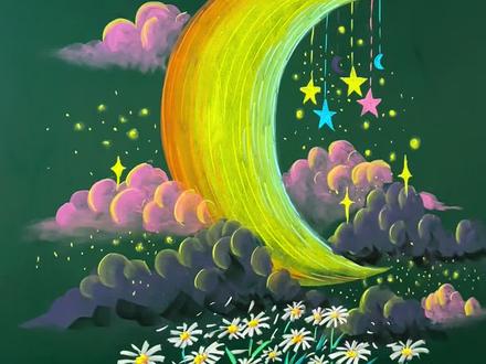 月光轻洒,梦黑板上展开… #黑板报粉笔画 #粉笔画