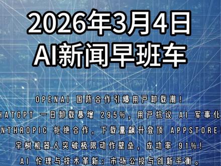 2026年3月4日 AI新闻早班车 OpenAI 合作国防引发用户强烈反应,ChatGPT 卸载量暴增近 3 倍!同时,宇树机器人实现通用控制突破,后空翻成功率高达 96%。看 AI 行业如何协调伦理与技术进步。本视频由 AI 辅助制作 #扣子生成生成 #AI新闻