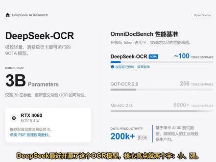 DeepSeek开源OCR部署教程 DeepSeek开源了3B参数的OCR模型,核心亮点是小而强。本视频手把手教你在Windows/Linux环境下本地部署。涵盖环境配置(Python 3.12.9/CUDA 11.8)、Flash Attention安装避坑指南、以及如何开启Crop Mode实现长文档精准识别。实测8G显存(RTX 4060)显存占用不到7G,速度飞快。#DeepSeek #OCR #Python #RTX4060 #大模型部署