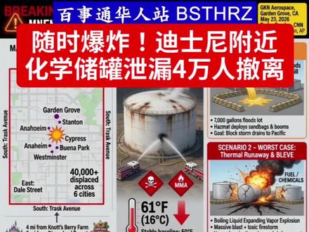 随时爆炸!迪士尼附近「工厂化学储罐泄漏」4万人撤离!多个城市进入应急状态!
南加州突然进入“危险模式”!距离迪士尼不到2公里,一个高危化学储罐持续升温,官方直接放话:它“迟早会失效”!短短几小时,约4万人紧急撤离,多个城市连夜戒备!
出事地点在加州橙县Garden Grove一家航太工厂。问题化学品叫MMA,广泛用于塑料和航空材料,但特点也很吓人:易燃、易挥发,还可能自己“越烧越热”。
消防局局长直言,这是他职业生涯最危险事件之一。现场持续喷水降温,画面像灾难电影。最担心的是“热失控爆炸”,一旦炸开,周边储罐可能连环起火。
目前Garden Grove、Anaheim等多个城市受影响。有人拖着行李撤离,
看到这一幕,很多人都在问:这么危险的化工设施,为什么离居民区和迪士尼这么近?事故原因仍在调查中,官方要求居民继续远离危险区域。
#加州 #迪士尼 #化学品泄漏 #橙县