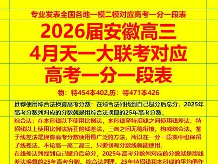 2026届安徽高三4月天一大联考对应2025年高考一分一段表 方便安徽考生自助换算高考分数,查省排名