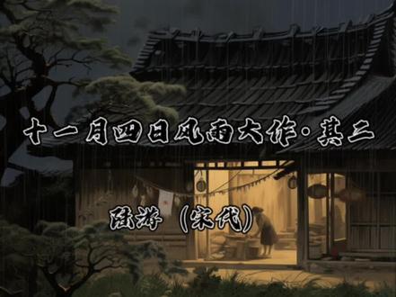 七年级上册古诗《十一月风雨大作·其二》宋代 陆游
僵卧孤村不自哀,尚思为国戍轮台。
夜阑卧听风吹雨,铁马冰河入梦来。
注释 僵卧:躺卧不起。这里形容自己穷居孤村,无所作为。僵,僵硬。
孤村:孤寂荒凉的村庄。
不自哀:不为自己哀伤。
思:想着,想到。
戍(shù)轮台:在新疆一带防守,这里指戍守边疆。戍,守卫。
轮台:在今新疆境内,是古代边防重地。此代指边关。
夜阑(lán):夜残;夜将尽时。
风吹雨:风雨交加,和题目中“风雨大作”相呼应;当时南宋王朝处于风雨飘摇之中,“风吹雨”也是时局写照,故诗人直到深夜尚难成眠。
铁马:披着铁甲的战马。
冰河:冰封的河流,指北方地区的河流。
译文:穷居孤村,躺卧不起,不为自己的处境而感到哀伤,心中还想着替国家戍守边疆。
夜深了,我躺在床上听到那风雨声,就梦见自己骑着披着盔甲的战马跨过冰封的河流出征北方疆场。
背景:陆游自南宋孝宗淳熙十六年(1189年)罢官后,闲居家乡山阴农村。此诗作于南宋光宗绍熙三年(1192年)十一月四日。当时诗人已经68岁,虽然年迈,但爱国情怀丝毫未减,日夜思念报效祖国。诗人收复国土的强烈愿望,在现实中已不可能实现,于是,在一个“风雨大作”的夜里,触景生情,由情生思,在梦中实现了自己金戈铁马驰骋中原的愿望。#小学生必背古诗词 #幼儿古诗 #儿童唐诗三百首 #唐诗三百首幼儿早教 #十一月四日风雨大作其二