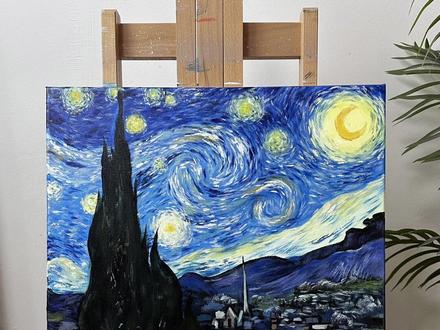 星月夜 | 丙烯手绘教程 | 名画系列课程#丙烯画 #一起学画画 #一学就会系列 #治愈系风景