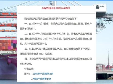 出口退税取消在即,光伏组件集体涨价 根据财政部、税务总局此前发布的公告,自2026年4月1日起,光伏等产品的增值税出口退税政策将被取消。距离4月1日仅剩5天,光伏组件价格迎来显著上涨。晶科能源、隆基绿能、天合光能、晶澳科技等头部厂商接连上调产品报价,主流组件价格较前期低点涨幅普遍达15%至20%,部分高功率产品涨幅达50%。
#光伏 #出口退税 #外贸 #跨境通KJTONG #报关易