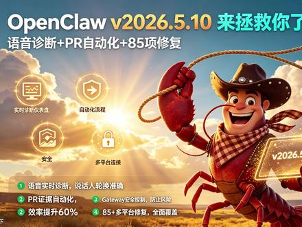 语音总卡顿? 抢话检测失败? 这个更新绝了🔥 OpenClaw v2026.5.10更新来了!语音实时诊断+PR自动化+85项修复,测试效率提升60%🚀点击观看完整解析👇#AI工具 #技术分享 #开源项目 #语音识别 #自动化