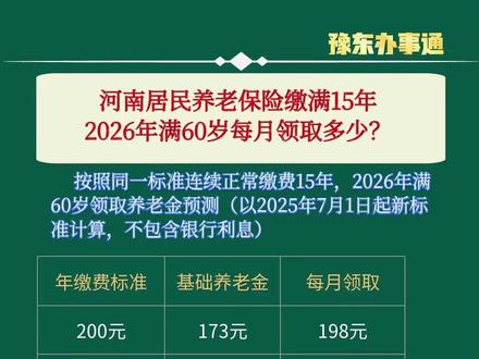 河南居民养老保险缴满15年2026年满60岁每月领取多少?