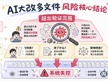 AI一次改太多文件太危险?7大风险与应对 为什么很多人用AI编程越改越慌?本期深入分析AI大范围改动代码的7大风险:审查困难、问题定位难、无关改动混入、测试覆盖不足、架构混乱、安全边界被影响、回滚成本高。并分享5个控制改动范围的实用方法,让AI助手真正可靠,帮你从乱改项目到可控开发。#AI编程 #代码风险 #软件工程 #范围控制 #代码审查 #开发技巧 #人工智能