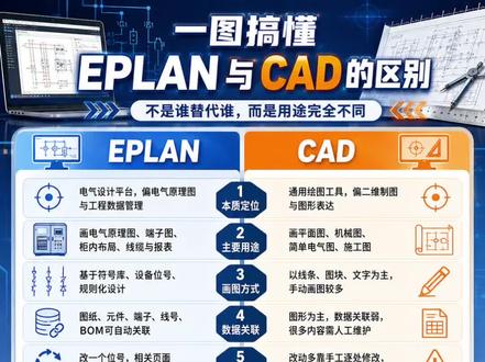 电气工程师效率翻倍的秘密:EPLAN vs CAD 同样是画电气图,为什么有人效率比你高3倍?
因为他选对了工具!
🔹 EPLAN:电气专用平台,从原理图到端子排、线缆表、BOM全流程数据贯通,标准化设计+联动更新,复杂项目也能高效落地
🔹 CAD:通用绘图工具,偏二维图形表达,数据关联弱,改图全靠手动,复杂项目很容易出错
想做自动化、成套柜、标准化工程的,EPLAN才是你的核心竞争力!
收藏这条,下次选软件不再踩坑!#电工 #电工知识 #工控 #电气
