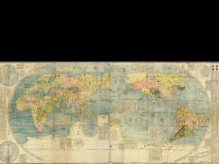 明朝时期绘制的彩绘版世界地图《坤舆万国全图》#地图 #中华文化 #古画 #明朝
