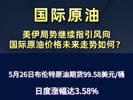 美伊局势继续指引风向 国际原油价格未来走势如何? 近期国际原油价格呈现震荡趋低态势,5月26日,布伦特原油期货价格为99.58美元/桶,日度涨幅达3.58%。不过周均价来看,周环比下跌12.38%,前期的冲高势头已经减弱。#国际原油 #布伦特原油期货 #美伊局势