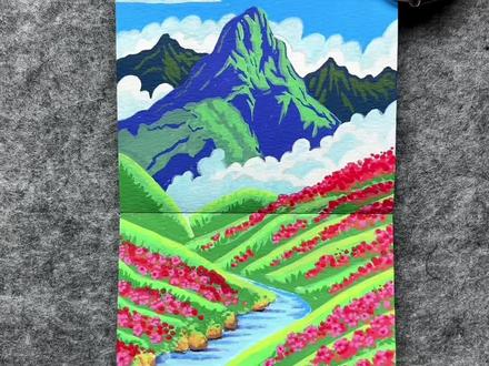 丙烯马克笔绘画 一起来画这幅春日治愈山水杜鹃花开映山溪,丙烯马克笔下的春日山谷,漫山杜鹃映着潺潺溪流,把春天的色彩都揉进了画里。#跟着抖音学画画 #绘画教程 #绘画过程 #丙烯马克笔绘画