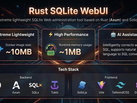 AI驱动的sqlite可视化管理工具 Rust SQLite WebUI, 它是一个极致轻量的sqlite web管理工具,docker镜像前后端一起只有不到10M。而且还支持AI纠正SQL,甚至能自然语言写SQL。
#SQLite #数据库 #Docker #人工智能 #Rust