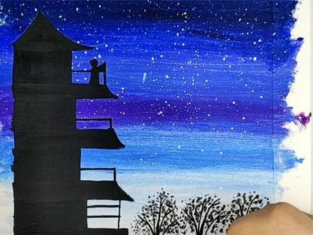 #画画 #小学生 #儿童画 #宝宝背古诗 #水粉 不敢高声语,恐惊天上人。手绘古诗《夜宿山寺》