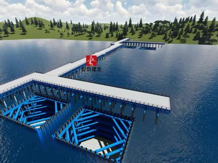 后支法钢围堰施工解说动画,锁扣钢管桩加钢板桩,适用于深度20米以内的围堰。