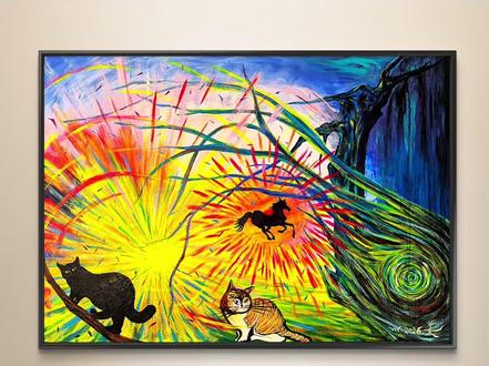 姜维2026年的巨幅画作《太阳里的黑马与丛林里的猫》,灵境太阳充满了生命力,灵猫、黑马寓意吉祥,枯树重生藏着美好,高维的神来之笔溢出屏幕,这样的作品挂在家还能提升能量气场。#艺术 #画画 #生命力 #情感 #励志