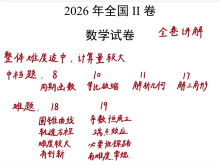 【2026新高考二卷】全卷讲解!题型常规,适度创新 整张试卷题目都比较常规,难度不算大。18题和19题稍有难度,但也都是平时常见的题型
#高考数学 #高中数学 #高考 #数学 #新高考