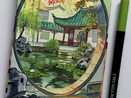 园林的框景之美|丙烯马克笔绘画 适合新手,附线稿,色号详细规绘画过程#丙烯马克笔绘画 #手绘 #绘画过程 #丙烯马克笔教程 #初描丙烯马克笔