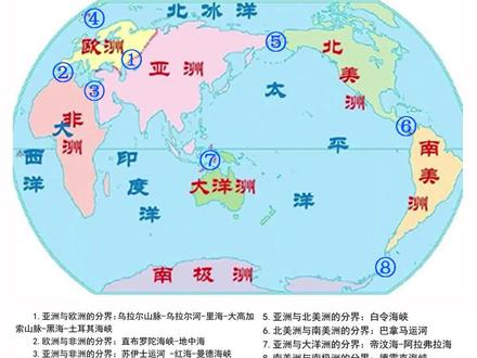 【初中地理】七大洲分界线及南北极点俯视图 亚洲与欧洲的分界线:乌拉尔山脉、乌拉尔河、里海、大高加索山脉、黑海和土耳其海峡。
亚洲与非洲的分界线:苏伊士运河、红海和曼德海峡。
亚洲与北美洲的分界线:白令海峡。
亚洲与大洋洲的分界线:帝汶海和阿拉弗拉海。
欧洲与非洲的分界线:直布罗陀海峡和地中海。
欧洲与北美洲的分界线:丹麦海峡。
北美洲与南美洲的分界线:巴拿马运河。
南美洲与南极洲的分界线:德雷克海峡。
这些分界线包括山脉、河流、湖泊、运河和海峡等地理事物,它们在地理学上具有重要的意义,不仅划分了不同的地理区域,还影响了各地区的文化和经济发展。
#初中地理 #地理分界线 #生地会考 #七年级地理#地理知识