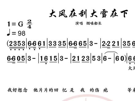 《大风在刮大雪在下》 完整的谱子,留下联系方式,或加v 15971210205 付费索取。关注辉哥每天都有最新的歌谱发布。