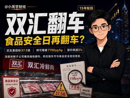 双汇"食品安全日"再翻车:子公司猪肉抗生素超标37.5倍 双汇又出事了!子公司猪肉抗生素超标37.5倍,股价暴跌5%
#双汇 #食品安全 #猪肉 #抗生素 #小周学财经