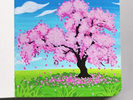 丙烯马克笔画/樱花树, 简单好看,一学就会!#丙烯马克笔绘画 #并夕马克笔教程 #翻翻乐 #一起学画画