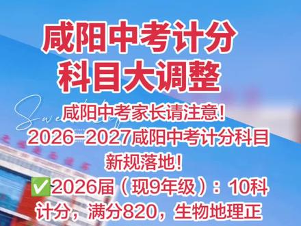 咸阳中考计分大调整! 2026年咸阳中考计分科目仍为10科共计820分,2027年起减少2科:分别为地理与生物学,中考计分科目共计8科700分,地理与生物学以等级呈现,不再计入普高录取计分科目,不合格将影响初中毕业!#咸阳 #政策调整 #2026中考 #陕西中考 #涛哥何老师
