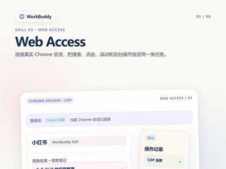 WorkBuddy 装了不会用?这8 个 Skill 收藏好 WorkBuddy 里的 Skill 越装越多,真要用的时候反而不知道选哪个?今天帮你挑 8 个必装 Skill,每个对应一个日常高频场景,装上就能用:表格变图表、一句话生成网页、AI 直接操作浏览器、视频字幕下载、AI 圈每日简报、AI 味改人话、安装前安全体检、越用越懂你。#ai工具教学 #创作者中心 #创作灵感 #WorkBuddy #AI教程