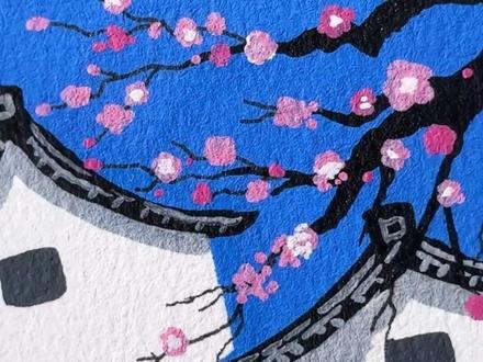 30 秒学会桃花朵朵开!粉花墨枝 + 白墙青瓦的国风直接拿捏 #画画 #简笔画 #小房子 #桃花 #初描丙烯马克笔