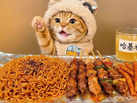 猫咪干饭名场面,建议反复观看~ #猫咪吃播 #asmr美食 #萌宠 #烤串 #火鸡面