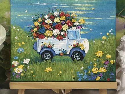 《载满鲜花的小车》开进你的心里~太好看啦! #一路生花 #跟着抖音学画画 #石英砂肌理画 #装饰画 #零基础学画画
