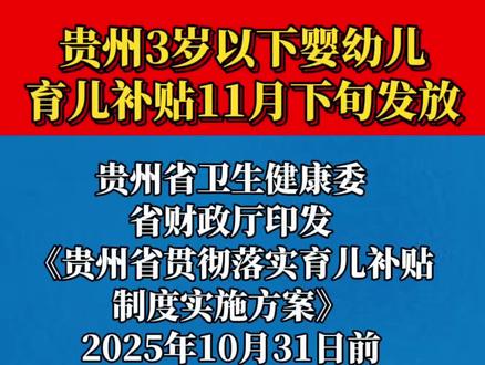 贵州省3岁以下婴幼儿育儿补贴11月下旬陆续