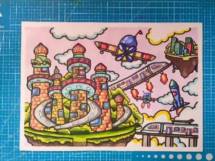 科技主题画《天空之城》#画画🎨 #跟我一起学画画 #科技创梦