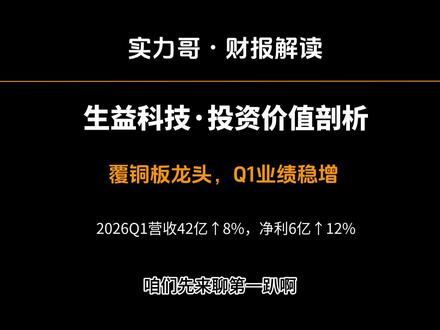 覆铜板龙头生益科技 Q1 营收净利双增长 解读生益科技 2026 年 Q1 财报,作为覆铜板龙头企业,本期营收 42 亿同比增 8%,净利 6 亿同比增 12%,业绩稳增彰显投资价值。
# 生益科技 #覆铜板龙头 #财报解读 #财经投资 #业绩分析