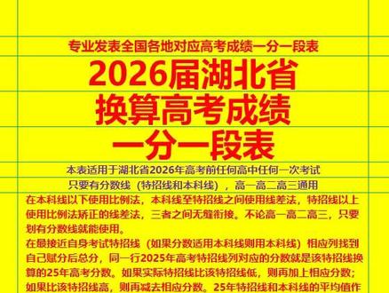2026届湖北省换算高考成绩一分一段表 适用于湖北省2026届全省所有高中所有考试,都可以查到任何一次考试对应的高考分数和全省排名。全国每个省份都会发表一个这样的一分一段表,使用方法完全一样。不会用可以看置顶的第一个视频。长按点击清屏播放就没遮挡了。