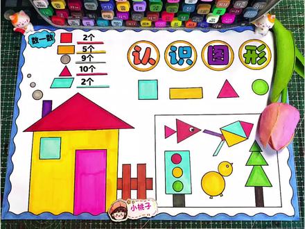 简单又好看的一年级数学下册认识图形手抄报,认识图形主题画,认识图形思维导图手抄报,尺子用起来,线稿可打印