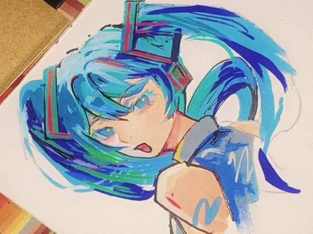 小小初音拿下拿下 画个小初音#miku#手绘#马克笔手绘#初音未来 #雄狮丙烯马克笔