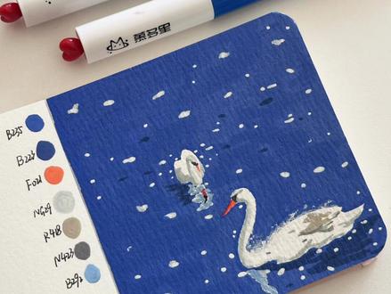 一分钟学画雪中天鹅🦢丙烯马克笔教附色号 #跟着抖音学画画 #绘画 #零基础学画画 #丙烯马克笔 #儿童画