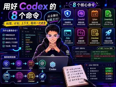 用好 Codex 的 8 个命令:权限、计划、上下文、验收一 很多人装了 Codex,却还是把它当成普通聊天机器人用。其实 Codex 真正好用的关键,不是多写几句提示词,而是学会用命令管理它的工作方式。
这期视频会系统讲清 8 个最常用的 Codex 命令:/permissions、/model、/plan、/mention、/ide、/diff、/review、/init。从权限边界、模型选择、任务计划、文件上下文,到最终 diff 和 review 验收,帮你把 Codex 从“会回答问题”变成“能参与交付”的 AI 工作台。
适合 Codex 新手、AI 编程工具用户、独立开发者、内容创作者和想提高 Agent 工作效率的人反复观看。
#Codex #AI工具 #AI编程 #编程效率 #AI工作流